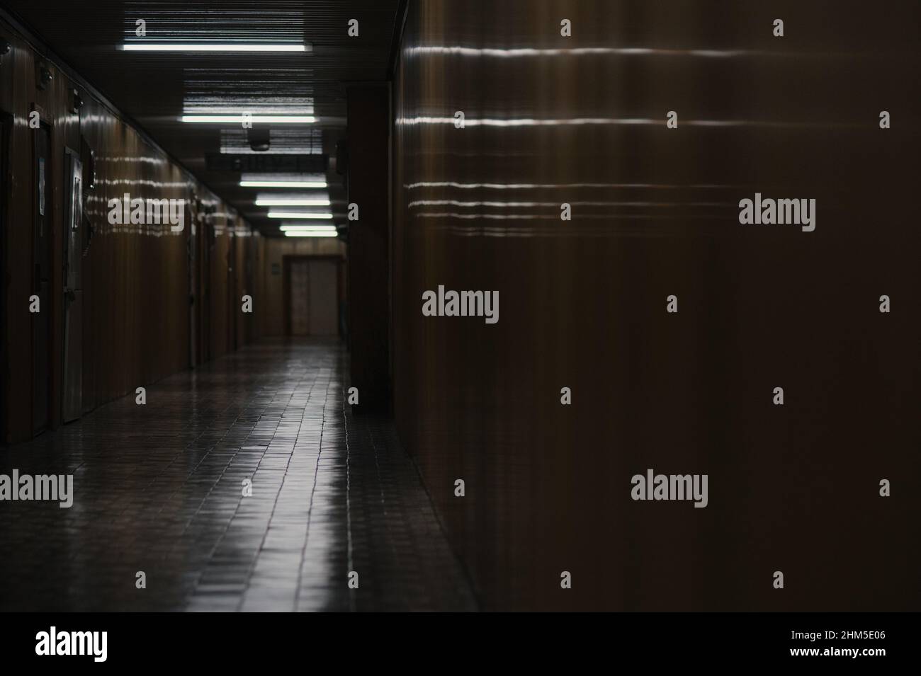All'interno del famigerato Corridoio dorato che conduce dall'amministrazione ai reattori e ai locali di controllo della centrale nucleare di Cernobyl. Foto Stock