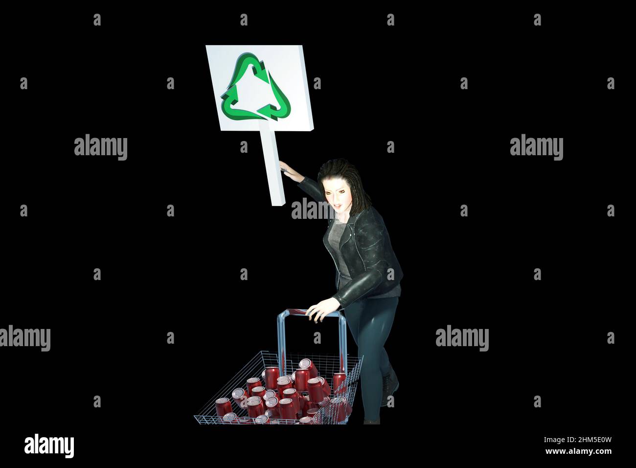 Movimento ambientale promosso da una donna in Messico, tenendo in mano un segno con il simbolo del riciclaggio e camminando in direzione diagonale Foto Stock