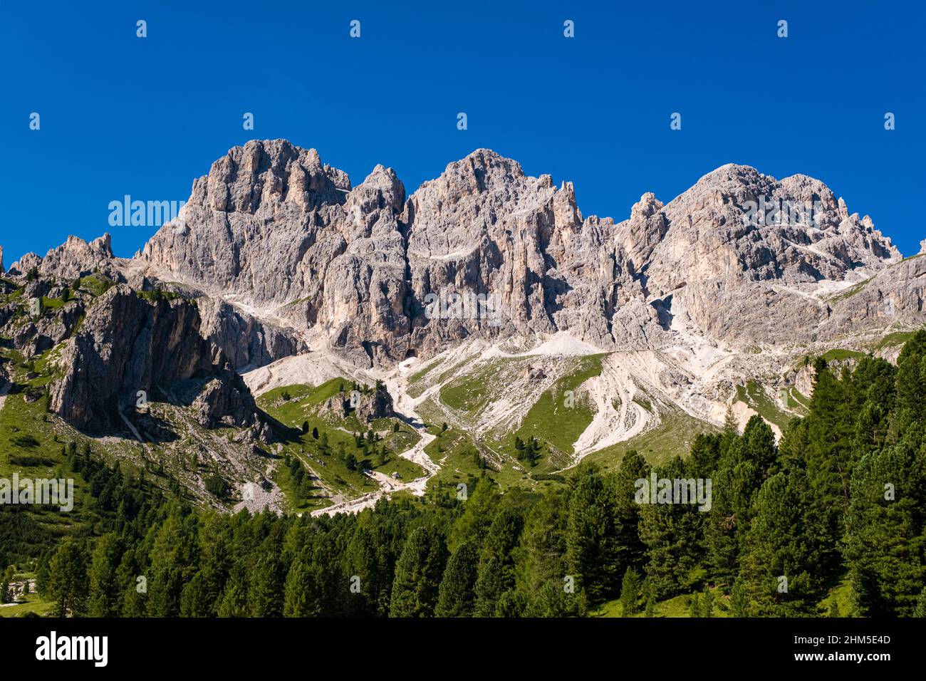 Cime e pareti rocciose di cima Catinaccio, vista dalla valle Val de Vajolet del gruppo Rosengarten. Foto Stock