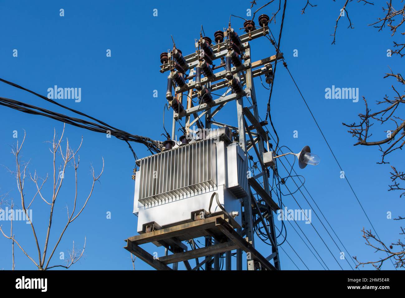Polo elettrico con trasformatore ad alta tensione contro il cielo blu e rami di un albero. Sottostazione mini di ridistribuzione della corrente elettrica Foto Stock
