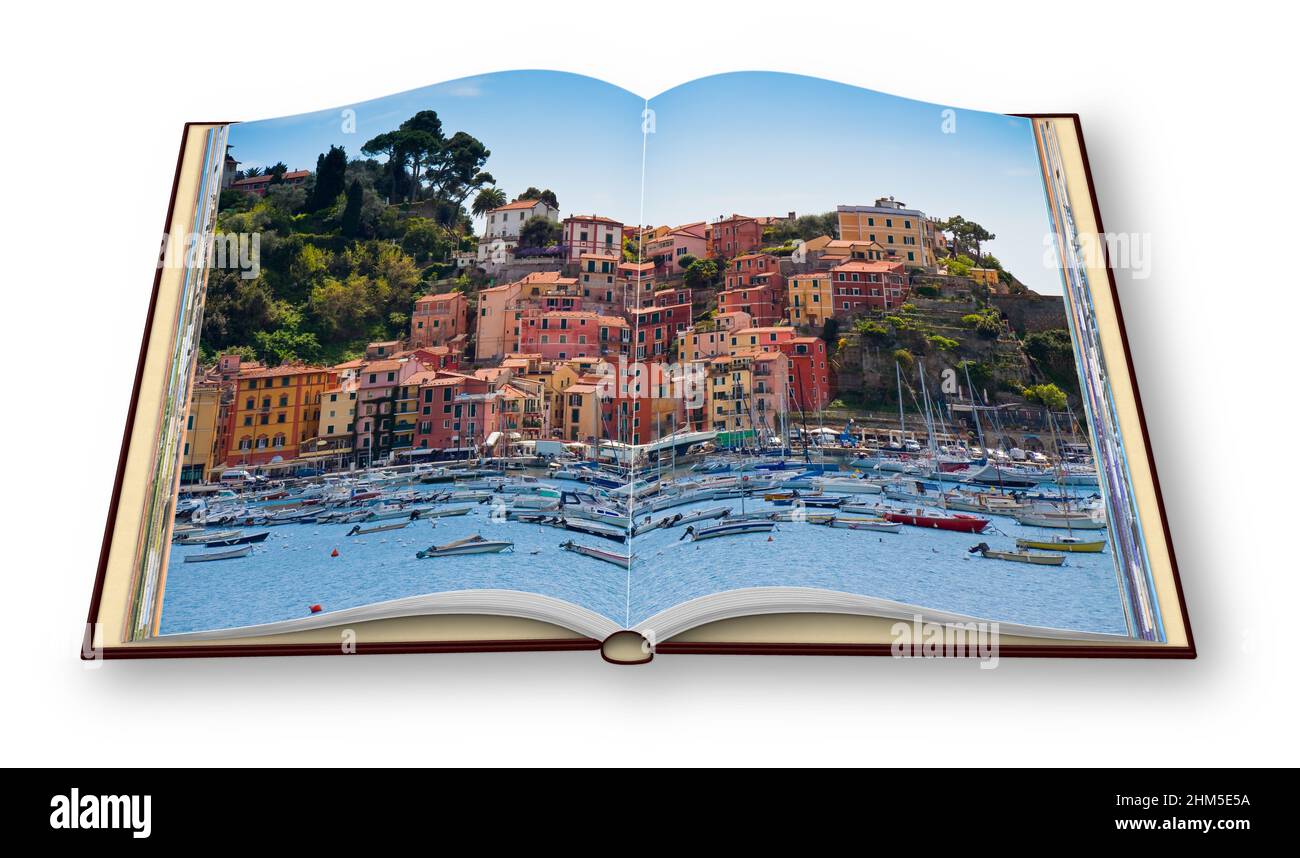 Bella vecchia città di Lerici nella regione Liguria (Italia) - 3D rendering concept immagine di un libro fotografico aperto isolato su bianco - sono il proprietario del copyright di t Foto Stock