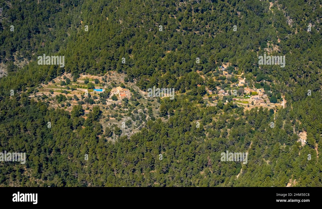 Veduta aerea, fincas sul monte Tramuntana, Marratxí, Cabaneta (SA), Mallorca, Isole Baleari, Isole Baleari, Baleares, Spagna, ESP, Europa, bi Foto Stock