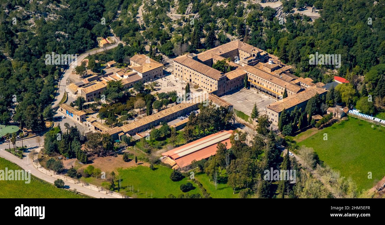 Veduta aerea, Santuari de Lluc Monastero la Indioteria, S'Hostalot (Urbanitzacio), Maiorca, Isole Baleari, Isole Baleari, Baleares, Spagna, Cabane Foto Stock