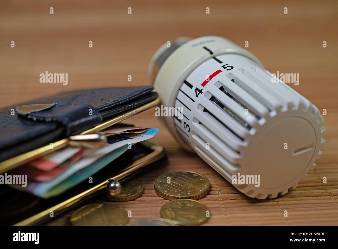 Termostato e borsa simbolici per i costi di riscaldamento Foto Stock