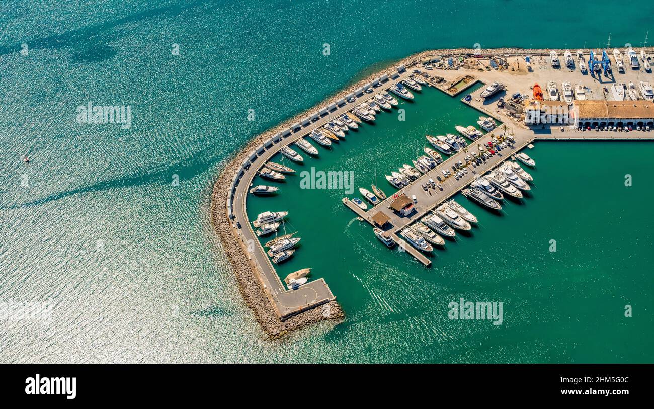 Vista aerea, porto di Alcudia, porto turistico, barche a vela, Port d'Alcúdia, Acque turchesi, Alcudia, Pla de na tesa, Cabaneta (SA), Maiorca, Isole Baleari, B. Foto Stock