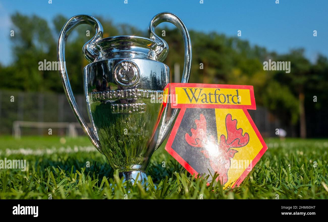 30 agosto 2021, Mosca, Russia. L'emblema del Watford Football Club e la UEFA Champions League Cup sul tappeto erboso dello stadio. Foto Stock