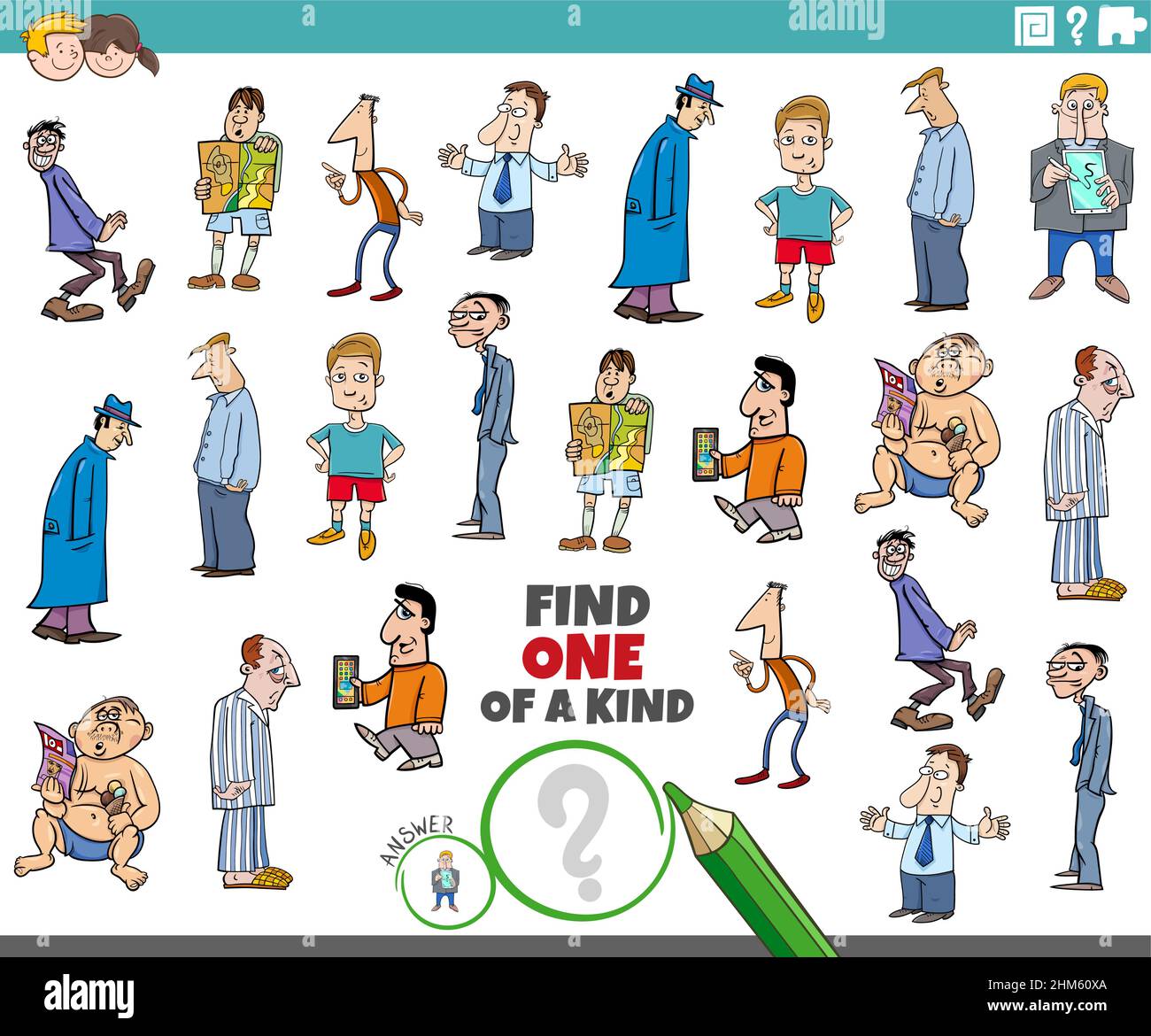 Illustrazione di cartoon di trovare uno di un compito educativo immagine con personaggi fumetti uomini Illustrazione Vettoriale