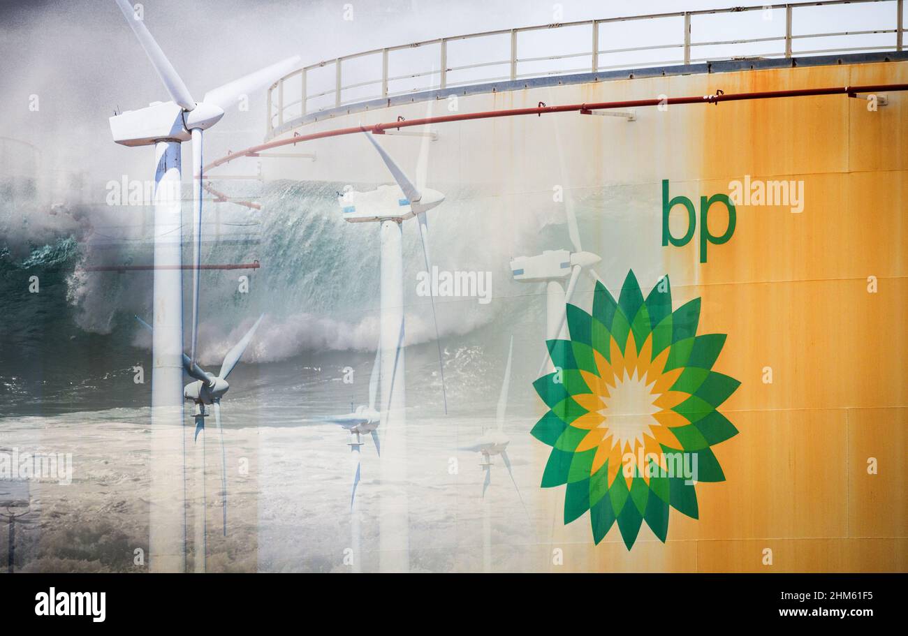 Olio BP, serbatoi di stoccaggio del carburante. Immagine concettuale per combustibili fossili, gas/petrolio del Mare del Nord, energie rinnovabili, cambiamenti climatici, zero netto 2050, profitti dell'industria petrolifera... Foto Stock