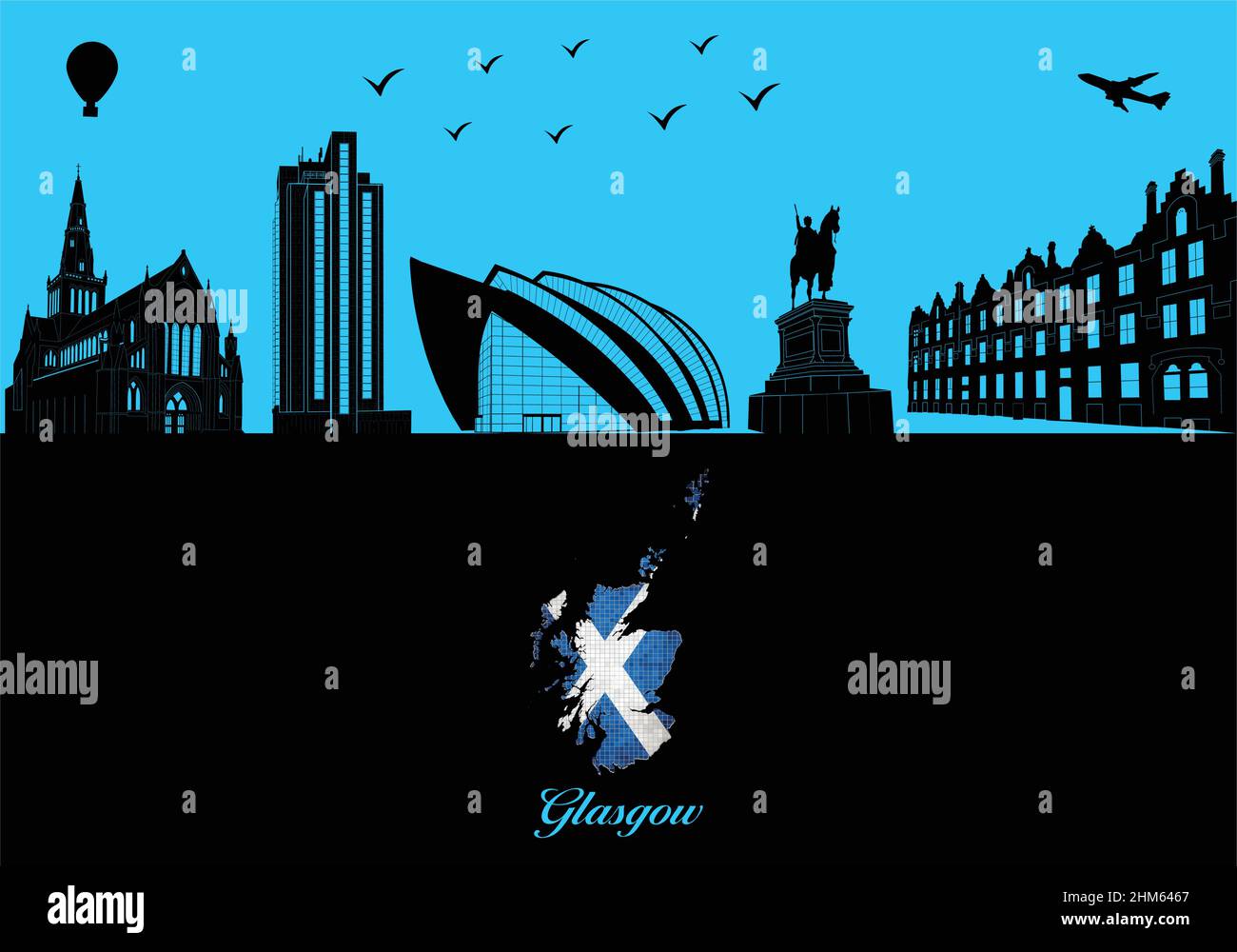 Profilo dello skyline di Glasgow - illustrazione, Città su sfondo nero, Mappa della Scozia Illustrazione Vettoriale