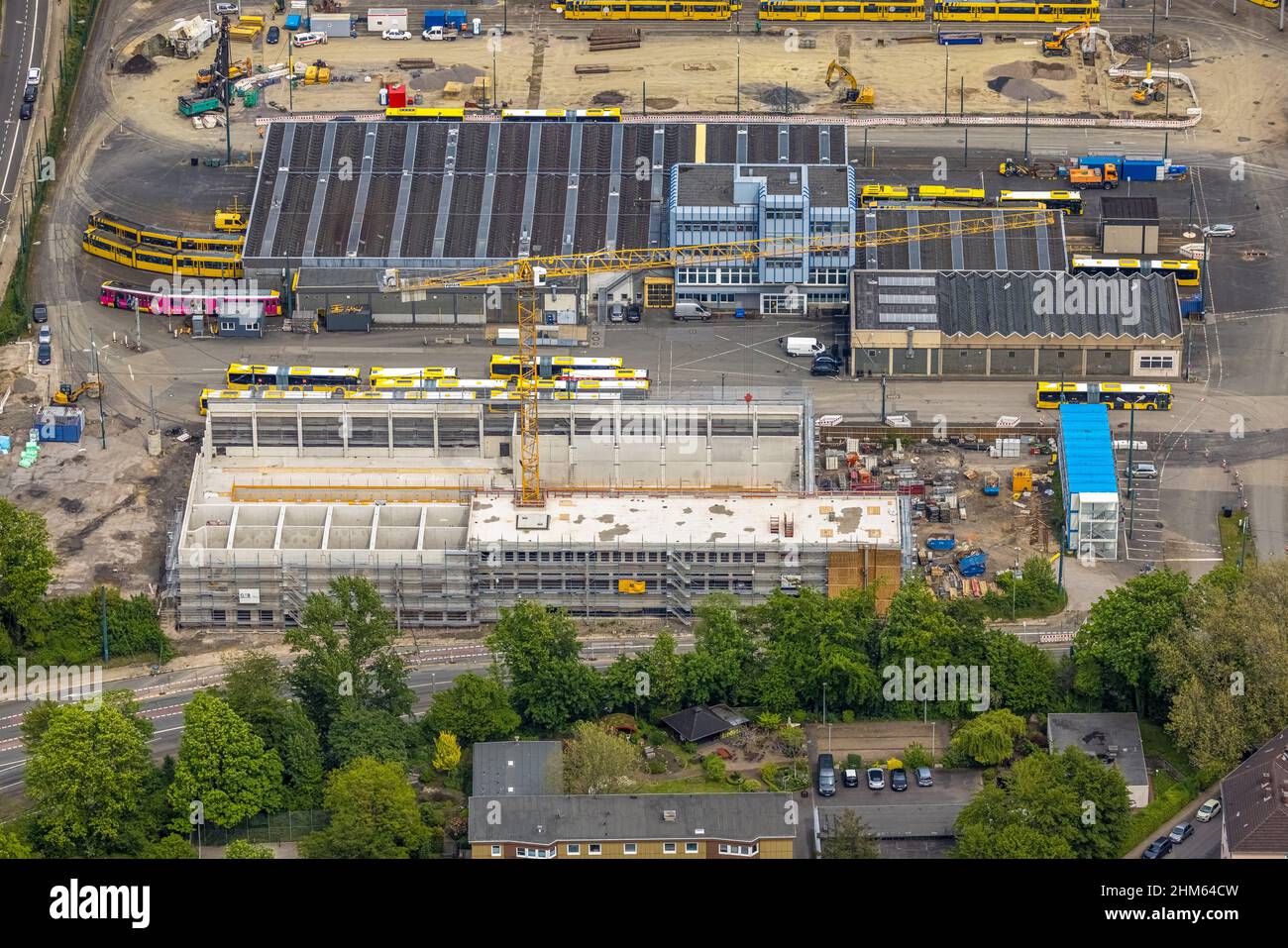 Vista aerea, cantiere nuova sala deposito Ruhrbahn, Ostviertel, Essen, zona della Ruhr, Renania settentrionale-Vestfalia, Germania, lavori di costruzione, costruzione Foto Stock