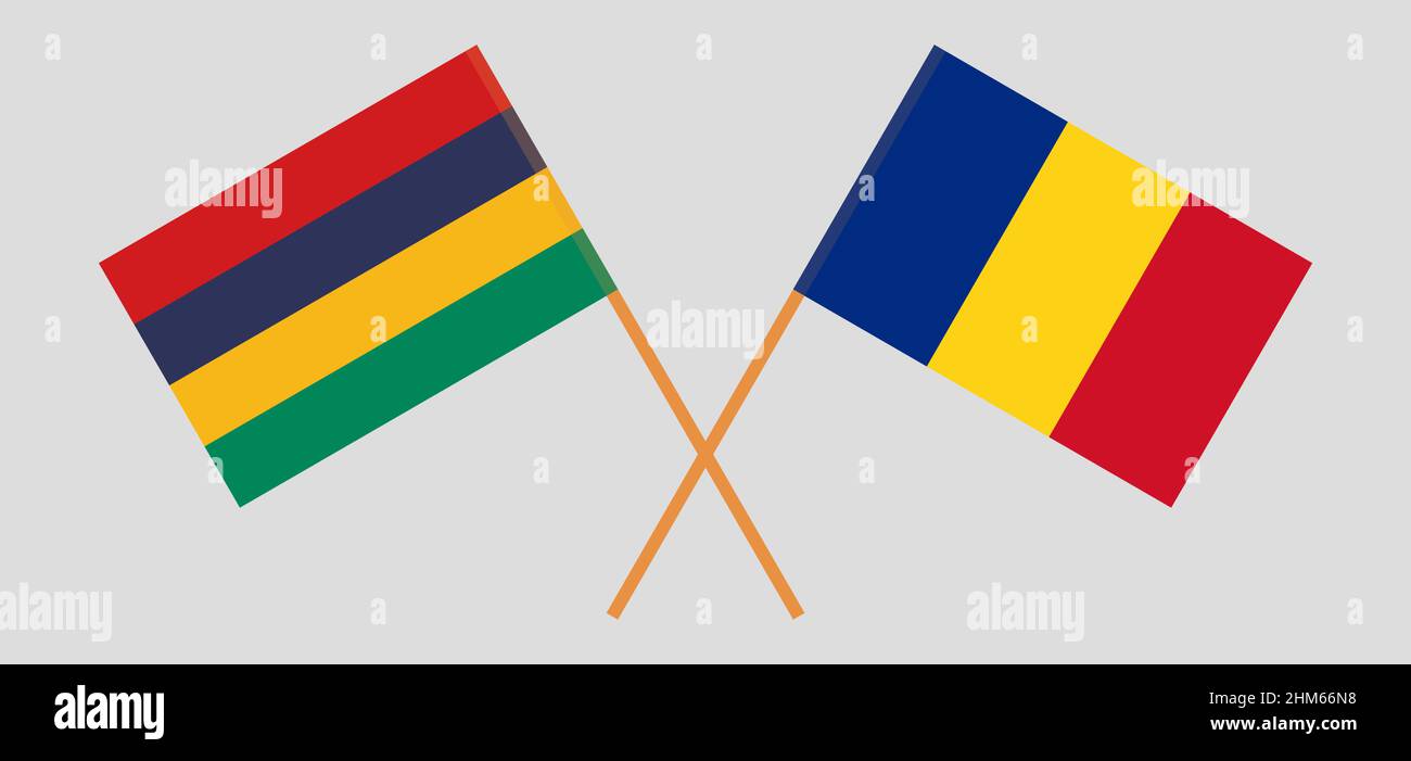 Bandiere incrociate di Mauritius e Romania. Colori ufficiali. Proporzione corretta. Illustrazione vettoriale Illustrazione Vettoriale
