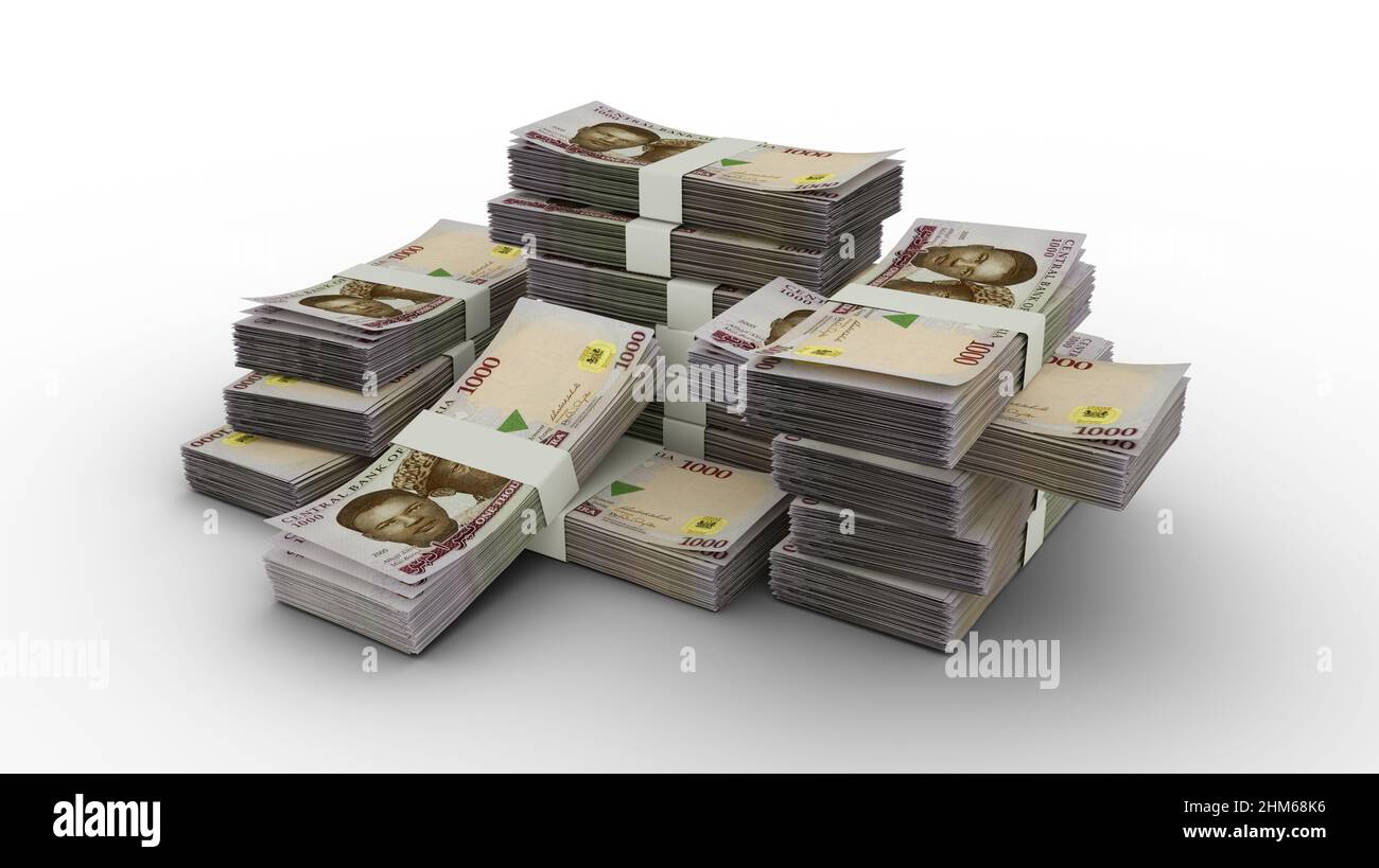 Pila di 1000 note nigeriane di Naira. 3D emissione di mazzi di banconote Foto Stock