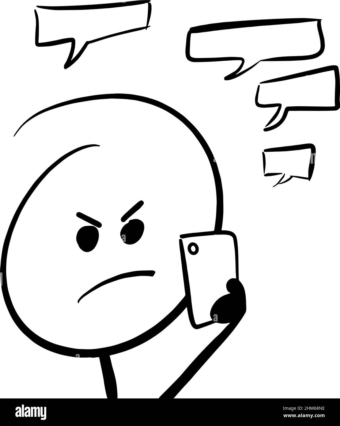 Figura di bastone arrabbiato che tiene il dispositivo mobile con bolle vocali vuote Illustrazione Vettoriale