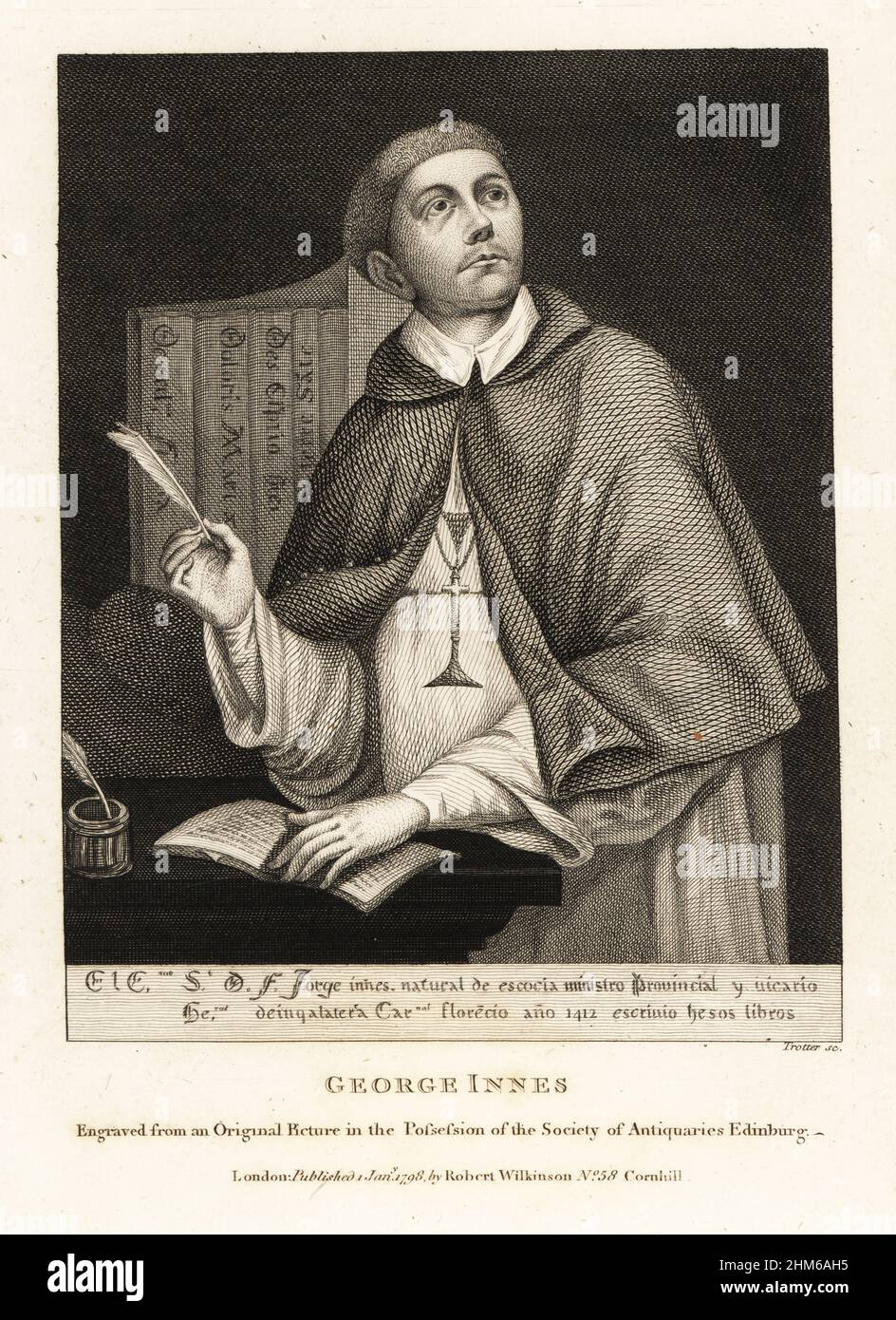 Il cardinale George Innes, in abiti bianchi e scarlatto mantello e cappuccio, circa 1412. Chierico scozzese e autore di una storia del proprio Ordine, i Trinitari o Frati Rossi, De Funatione suae Ordinis. Inciso da un'immagine originale in possesso della Società degli Antiquari di Edimburgo. Incisione copperplate di Thomas Trotter della Iconografia Scotica di John Smith, o ritratti di illustri personaggi scozzesi, Robert Wilkinson, 58 Cornhill, Londra, 1798. Foto Stock