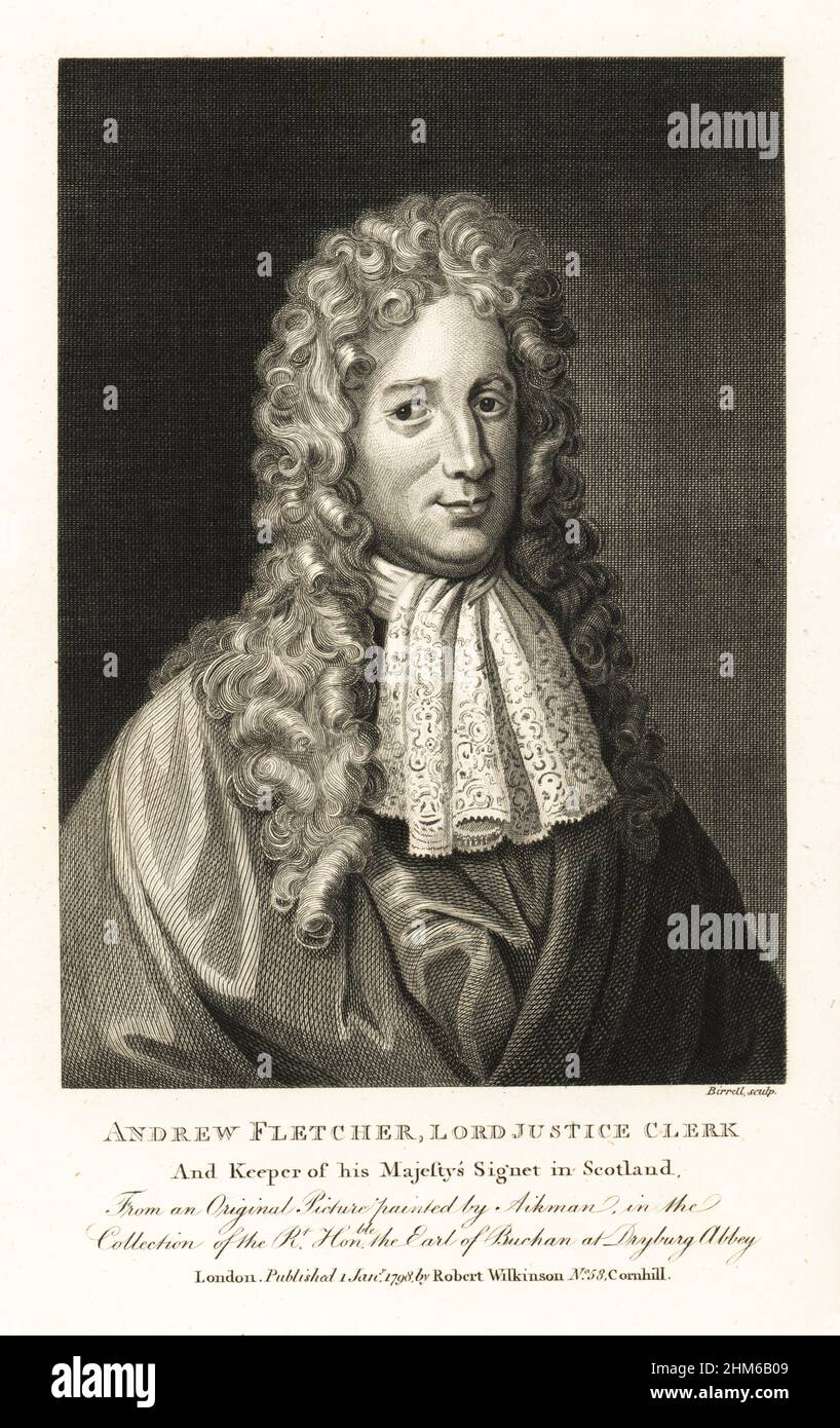 Andrew Fletcher di Saltoun, c.1653-1716, Lord Justice Clerk e Keeper del Sigetto di sua Maestà in Scozia. Scrittore scozzese, patriota, politico, teorico politico e collezionista di libri. Da un dipinto originale di William Aikman nella collezione del Conte di Buchan presso l'Abbazia di Dayburg. Incisione copperplate di Andrew Birrell della Iconografia Scotica di John Smith, o ritratti di illustri personaggi scozzesi, Robert Wilkinson, 58 Cornhill, Londra, 1798. Foto Stock