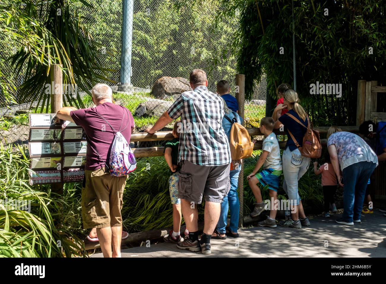 Tacoma, WA USA - circa Agosto 2021: Vista di adulti e bambini che guardano una mostra allo Zoo di Point Defiance in una giornata luminosa e soleggiata. Foto Stock