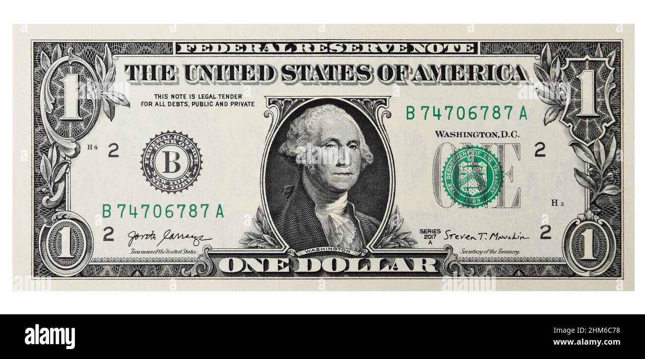 Grande frammento del lato opposto di 1 una serie di banconote da un dollaro 2017 A con il ritratto del presidente George Washington, American money bankno Foto Stock