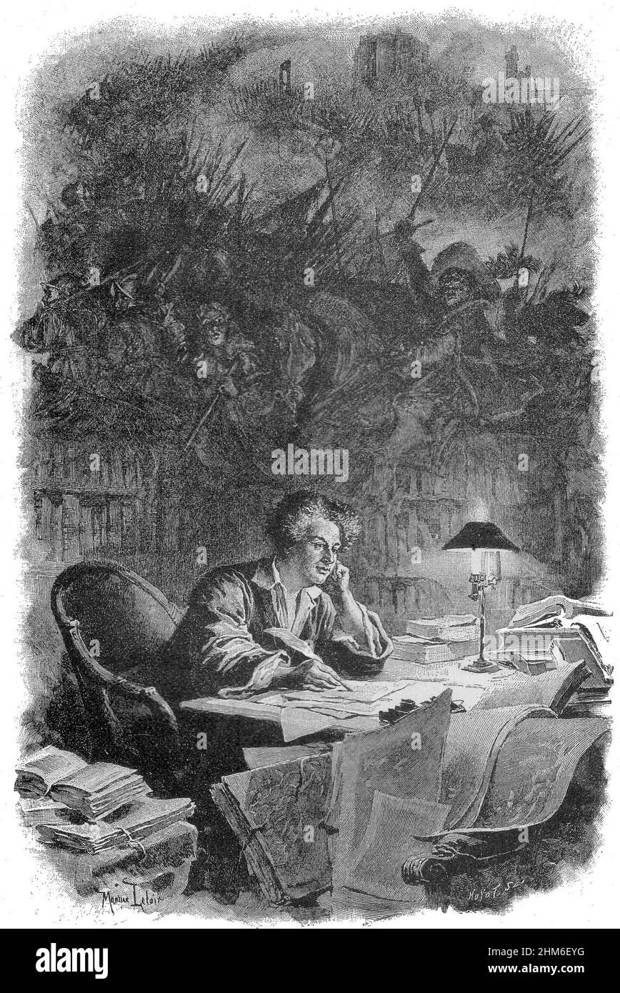 Un ritratto dello scrittore francese Alexandre Dumas, autore dei tre moschettieri, sedeva nella sua biblioteca sognando scene per i suoi libri. Foto Stock