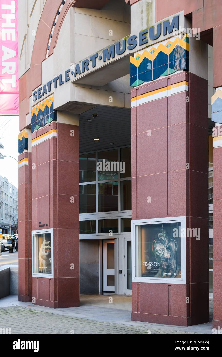 Seattle - 06 febbraio 2022; ingresso al Seattle Art Museum con nome e pubblicità Foto Stock
