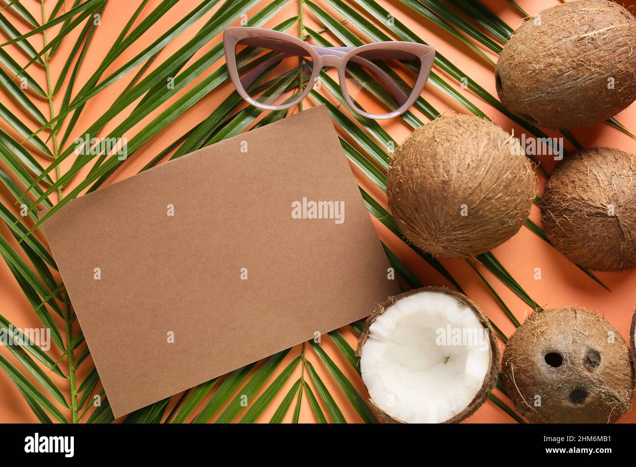 Composizione con cartoncino bianco, noci di cocco, foglie di palma e  occhiali da sole su sfondo colorato Foto stock - Alamy