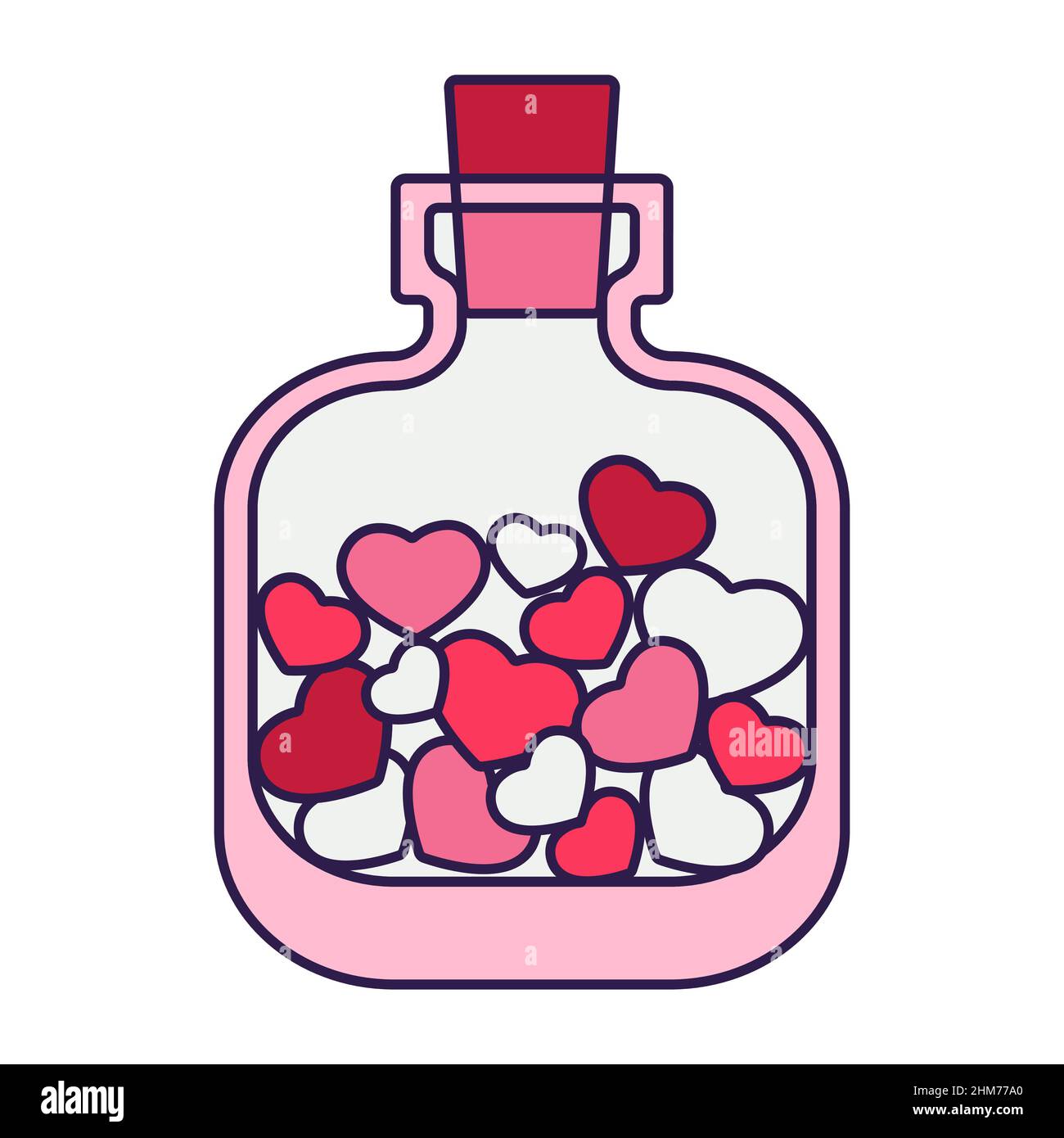 Retro San Valentino bottiglia icona con cuori. Simbolo d'amore nello stile d'arte alla moda pop line. Il carino Flacon è di colore rosa, rosso e corallo. Illustrazione Vettoriale