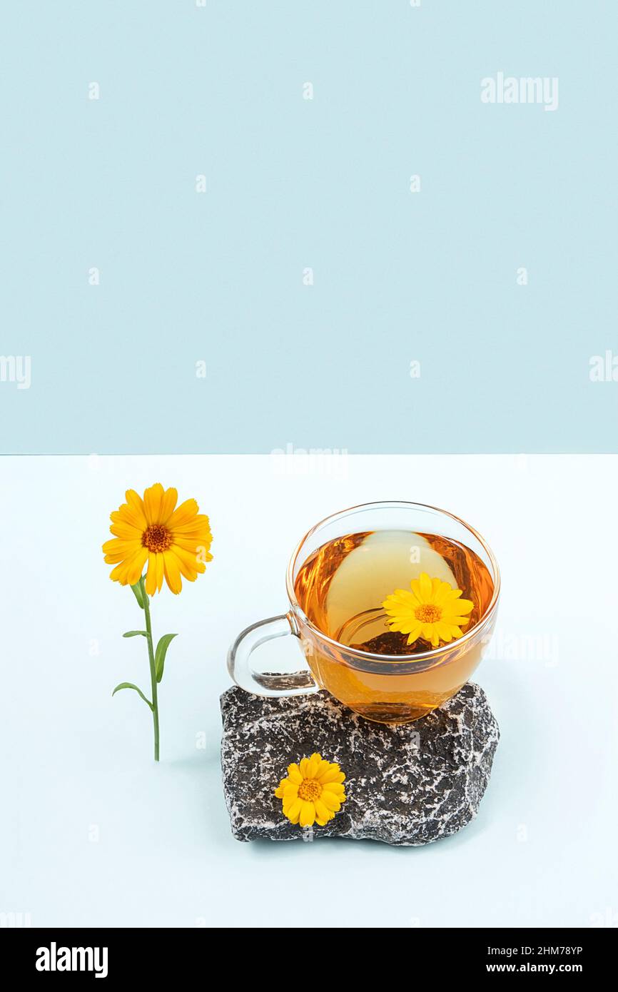 Tazza di tè alle erbe su pietra con fiori di calendula arancione su sfondo blu. Concetto di bevanda calmante. Vita morta alla moda. Foto Stock