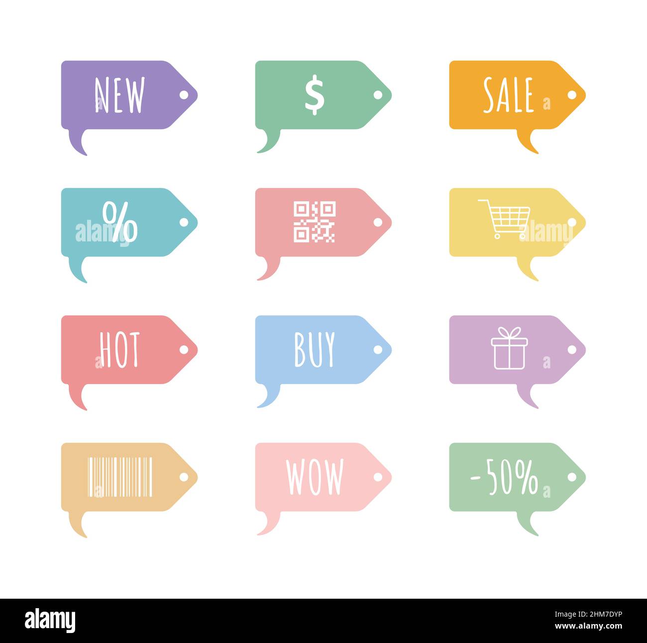 Set di tag prezzo. Etichette di sconto con varie quotazioni. Illustrazione vettoriale in stile piatto. Adesivi colorati in vendita Illustrazione Vettoriale
