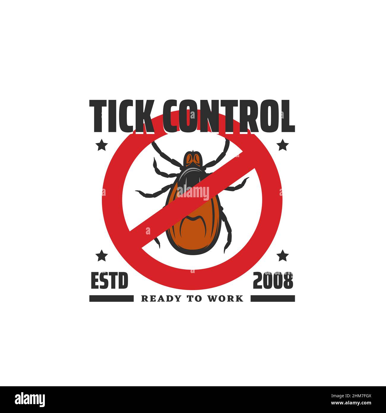 Segno di controllo di zecca, parassiti e fregio servizio di sterminio insetti. Ixodidae tick duro-corposo attraversato in cerchio rosso. Sangue pericoloso in succhiare Illustrazione Vettoriale