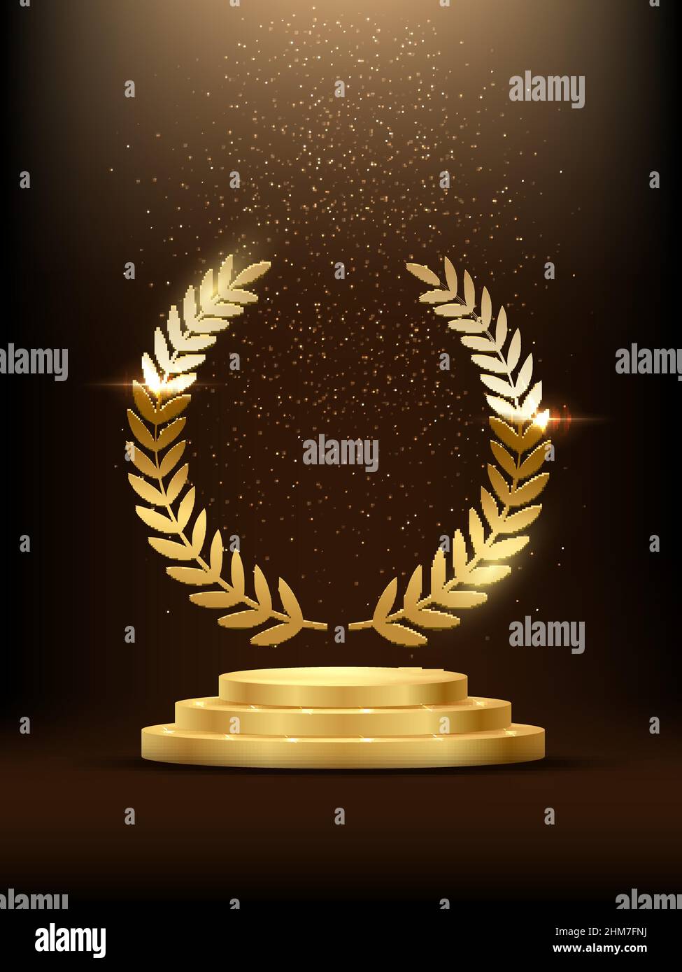 Podio d'oro con alloro incandescente. Palco in oro con glitter e nebbia chiara su sfondo scuro. La fama di Hollywood nel cinema e nel cinema o nel campionato in spor Illustrazione Vettoriale