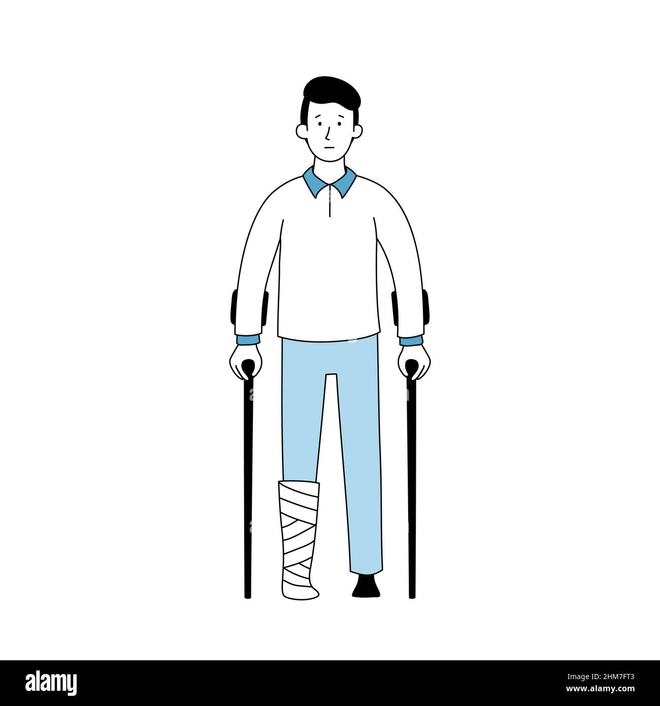 Infortunio uomo con osso gamba incidente e crutch ortopedico. Delineare il personaggio infortunato stile scarabocchio. Paziente malato. Illustrazione vettoriale. Illustrazione Vettoriale