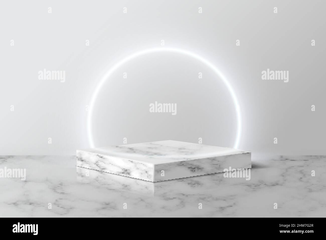 Anello al neon bianco su quadrato di marmo grigio per prodotto. 3d piedistallo in illustrazione vettoriale del modello in pietra. Palco geometrico a pavimento in camera. Luogo astratto Illustrazione Vettoriale