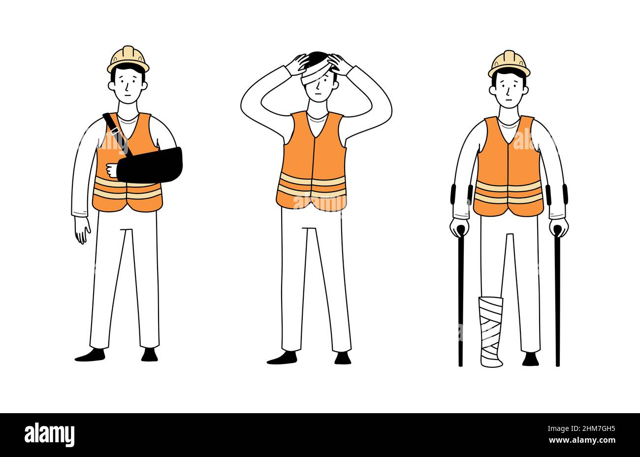 Operatore con lesioni a mano, bendaggio gamba, testa. Incidente di caduta sul lavoro. Carattere stile linea Doodle. Illustrazione vettoriale. Illustrazione Vettoriale