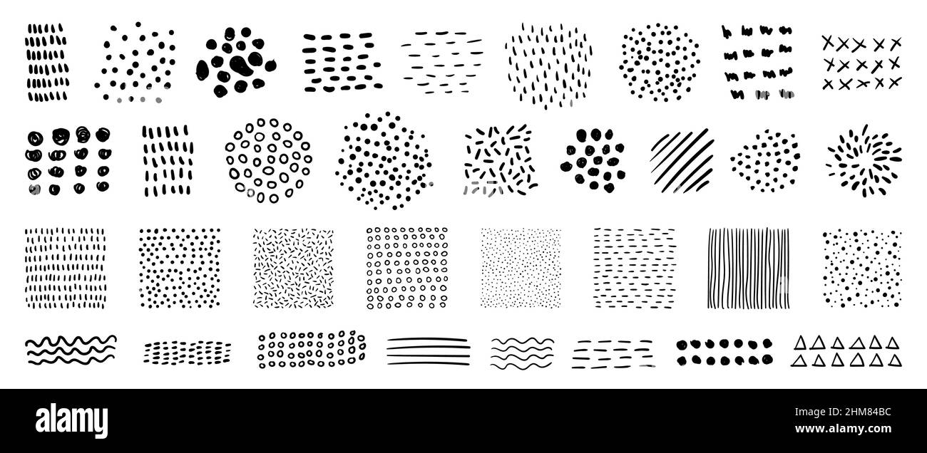 Trame vettoriali astratte disegnate a mano. Motivi grafici a righe e puntini minimi per un design creativo Illustrazione Vettoriale