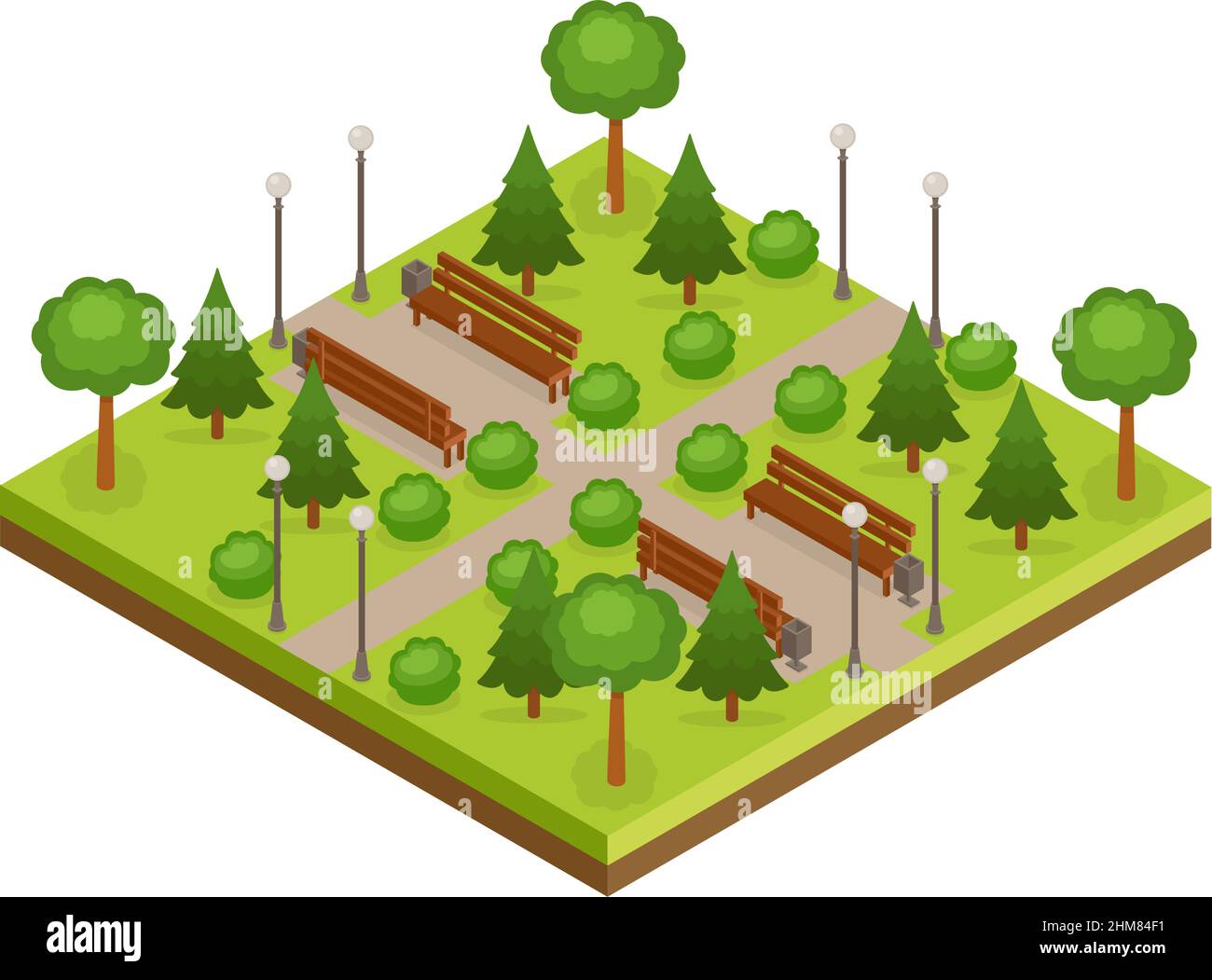 Parco cittadino isometrico verde con alberi, vicoli e panchine, illustrazione vettoriale Illustrazione Vettoriale