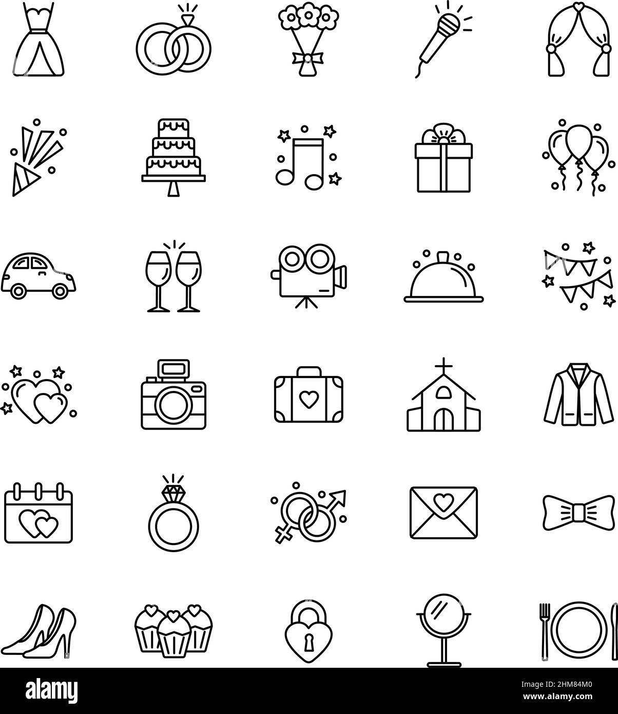 Set di icone per matrimoni su sfondo bianco, illustrazione vettoriale Illustrazione Vettoriale