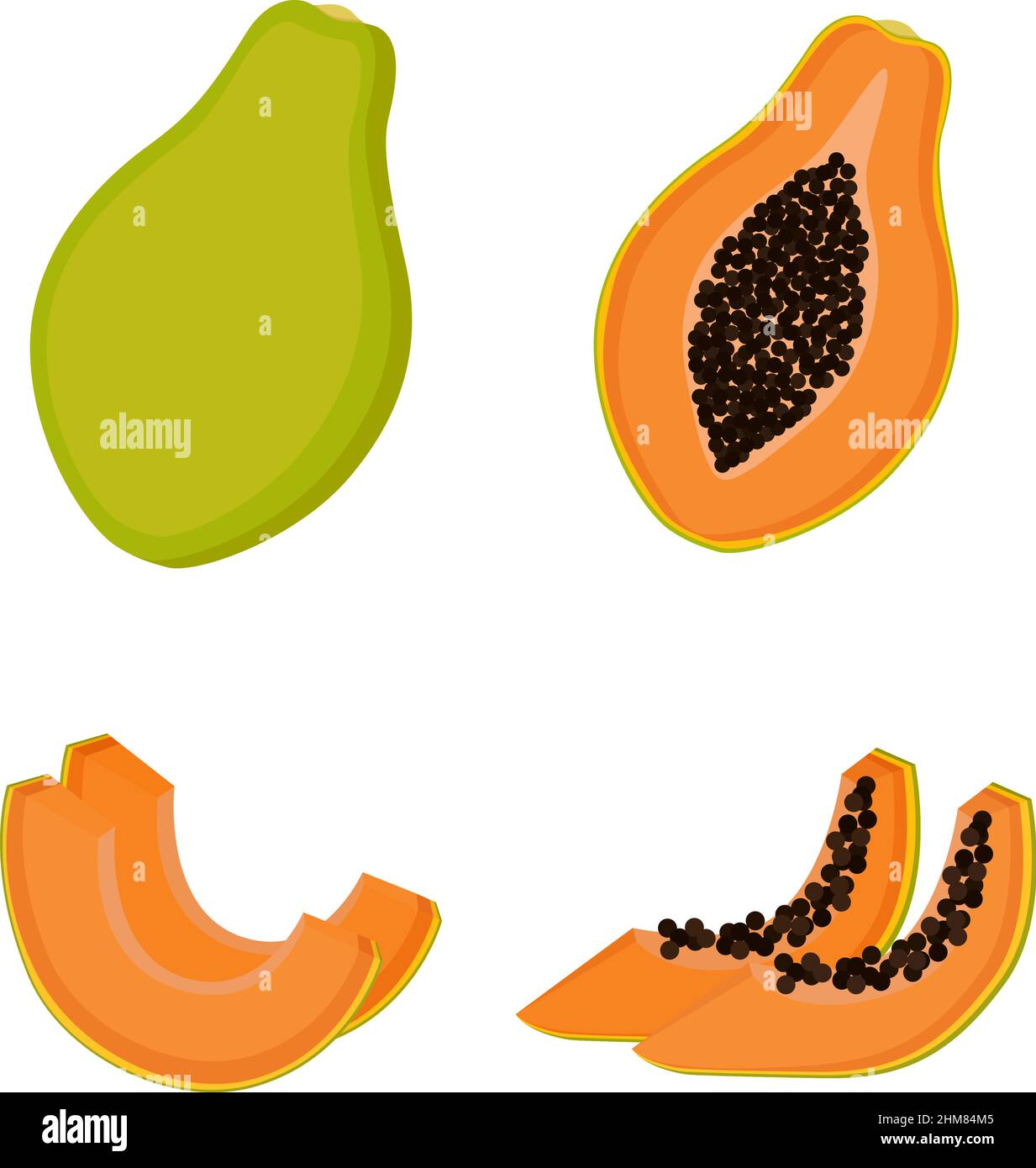 Papaia, frutta intera, metà e fette. Illustrazione vettoriale Illustrazione Vettoriale