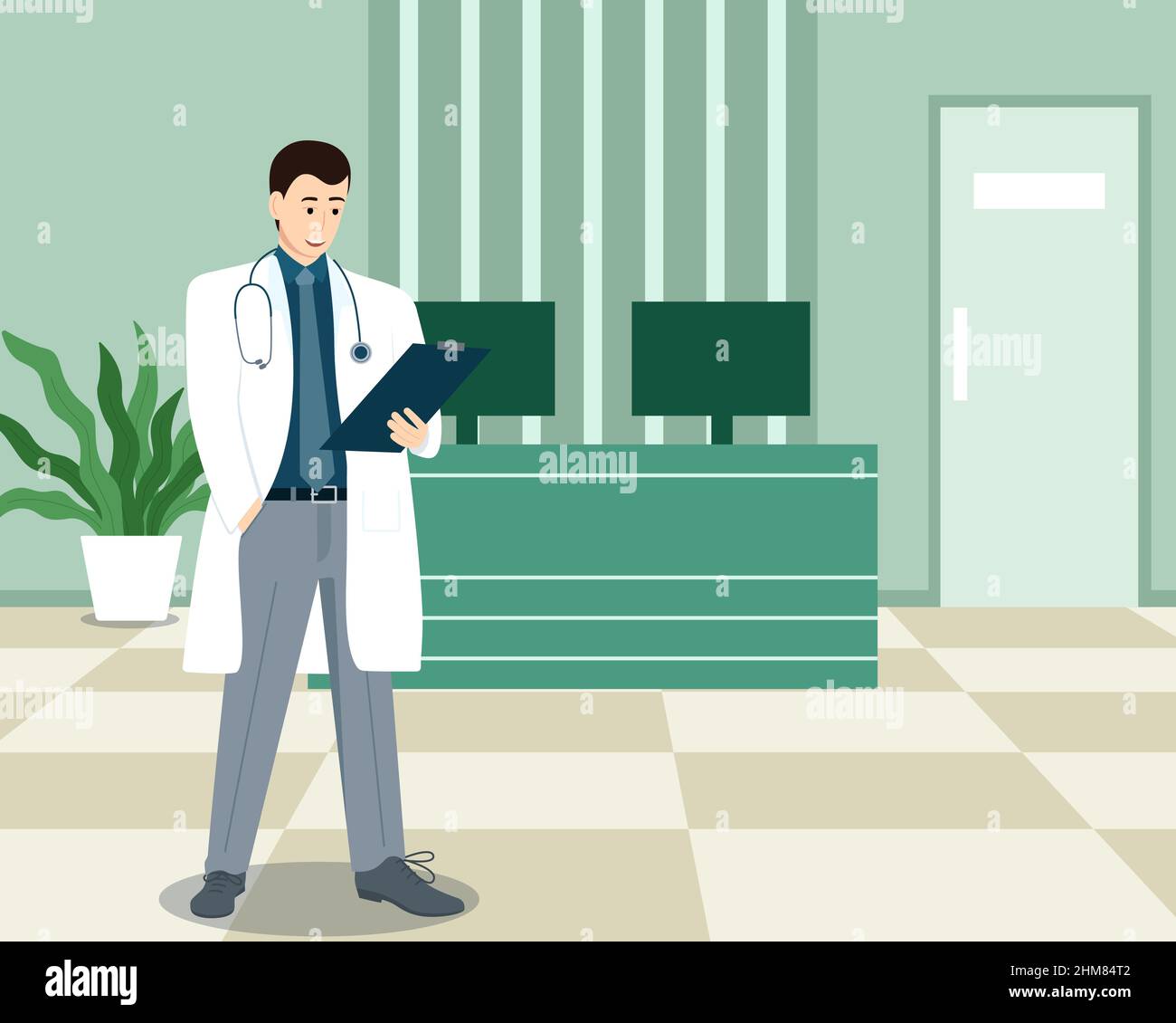 Medico vicino al tavolo del receptionist in clinica medica, illustrazione vettoriale Illustrazione Vettoriale