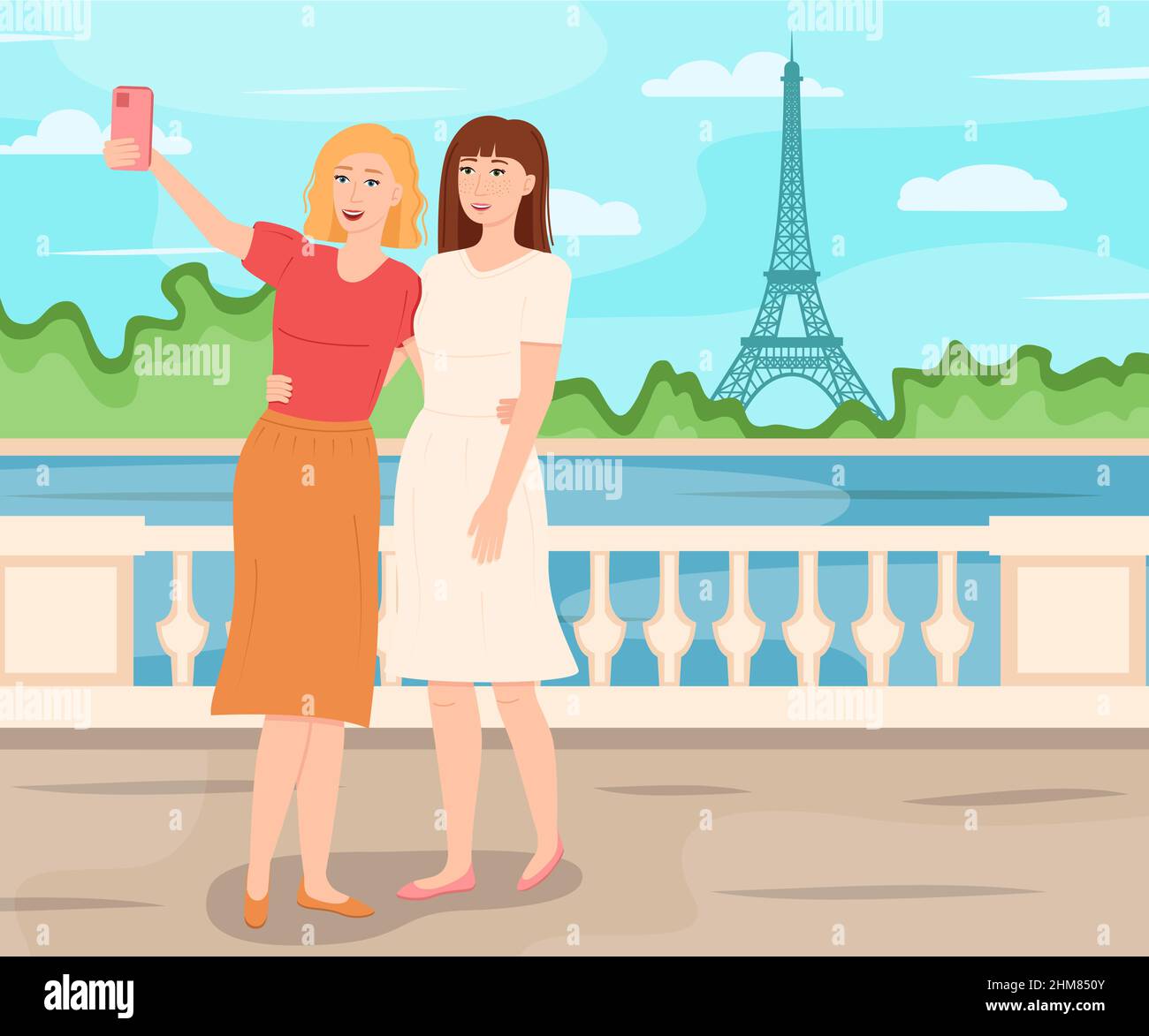 Girlfriends scatta una foto sullo sfondo della Torre Eiffel, illustrazione vettoriale Illustrazione Vettoriale