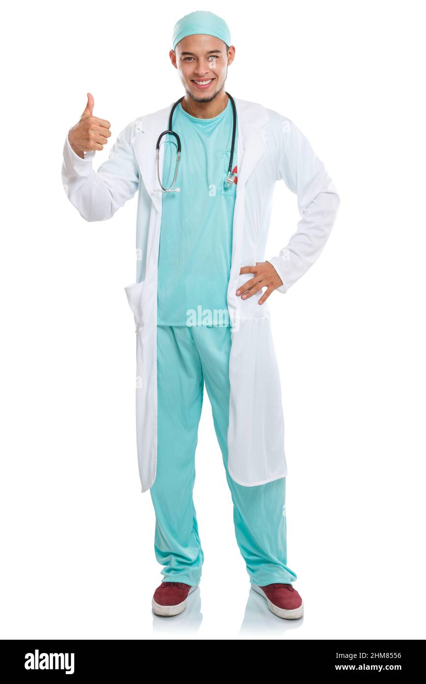 Giovane medico ritratto formato occupazione istruzione latino uomo successo medico generale isolato su uno sfondo bianco Foto Stock