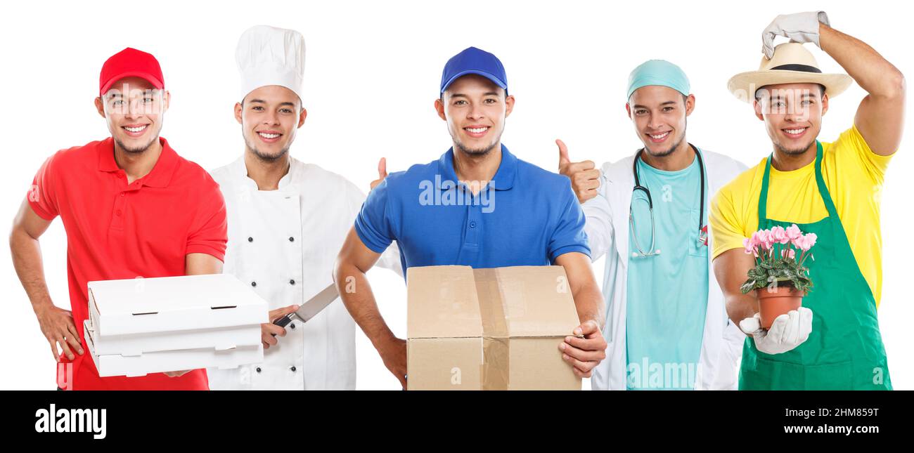 Professioni formazione professionale formazione professionale dottore cuoco gruppo di giovani lavoro isolato su sfondo bianco Foto Stock