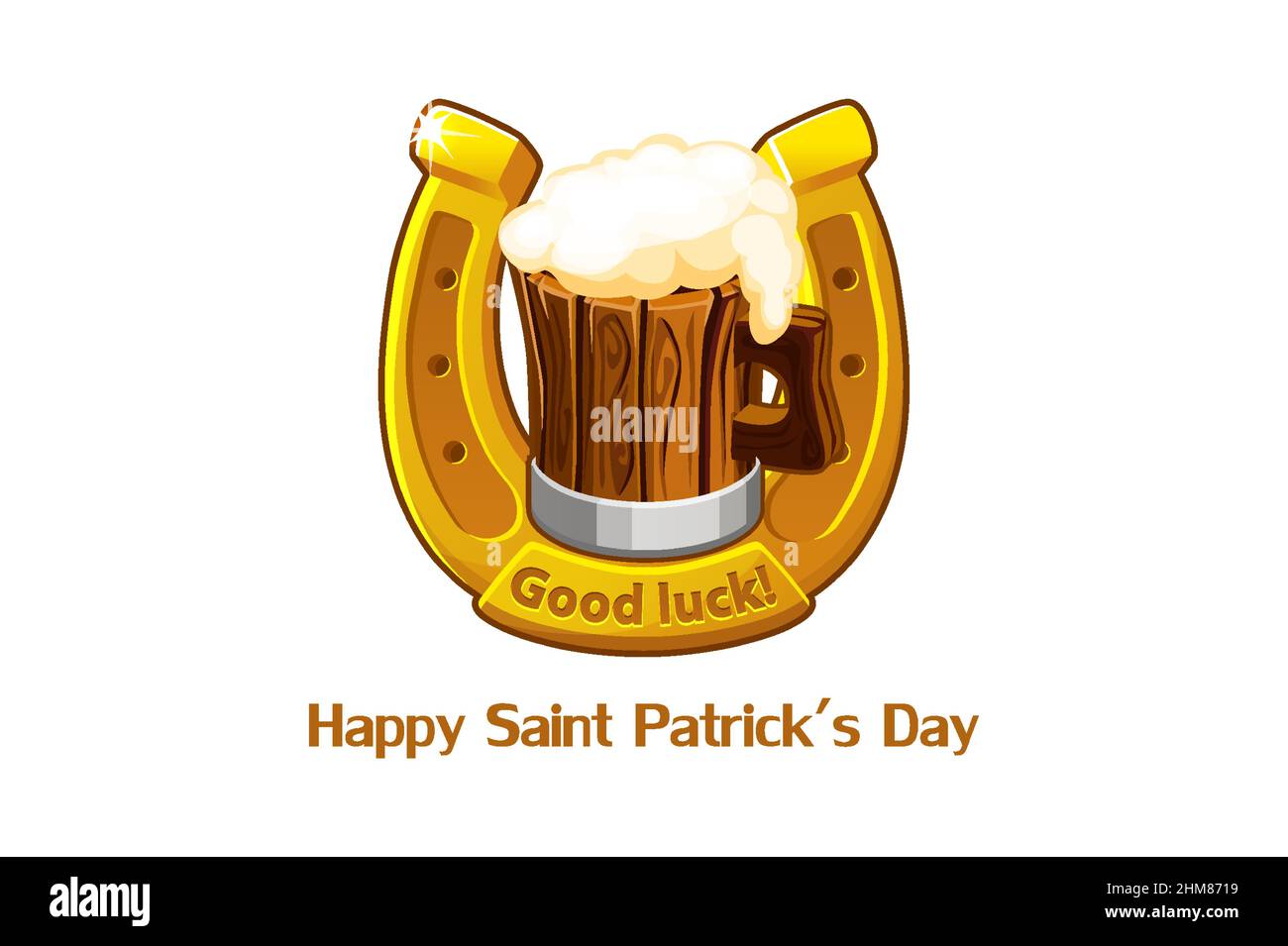 Banner vettoriale con una tazza di birra di legno e un ferro di cavallo. Illustrazione Vettoriale