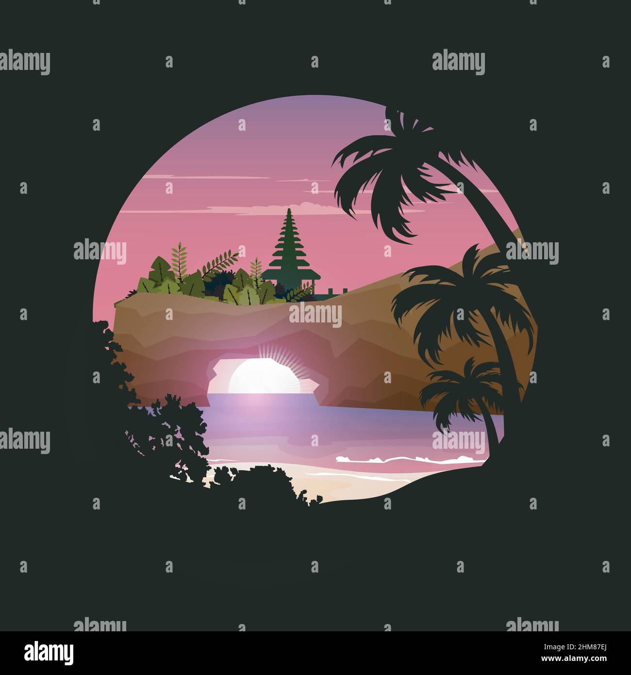Sunset Island Tanah Lot Beach Bali Landscape Holiday Circle View Illustrazione Vettoriale