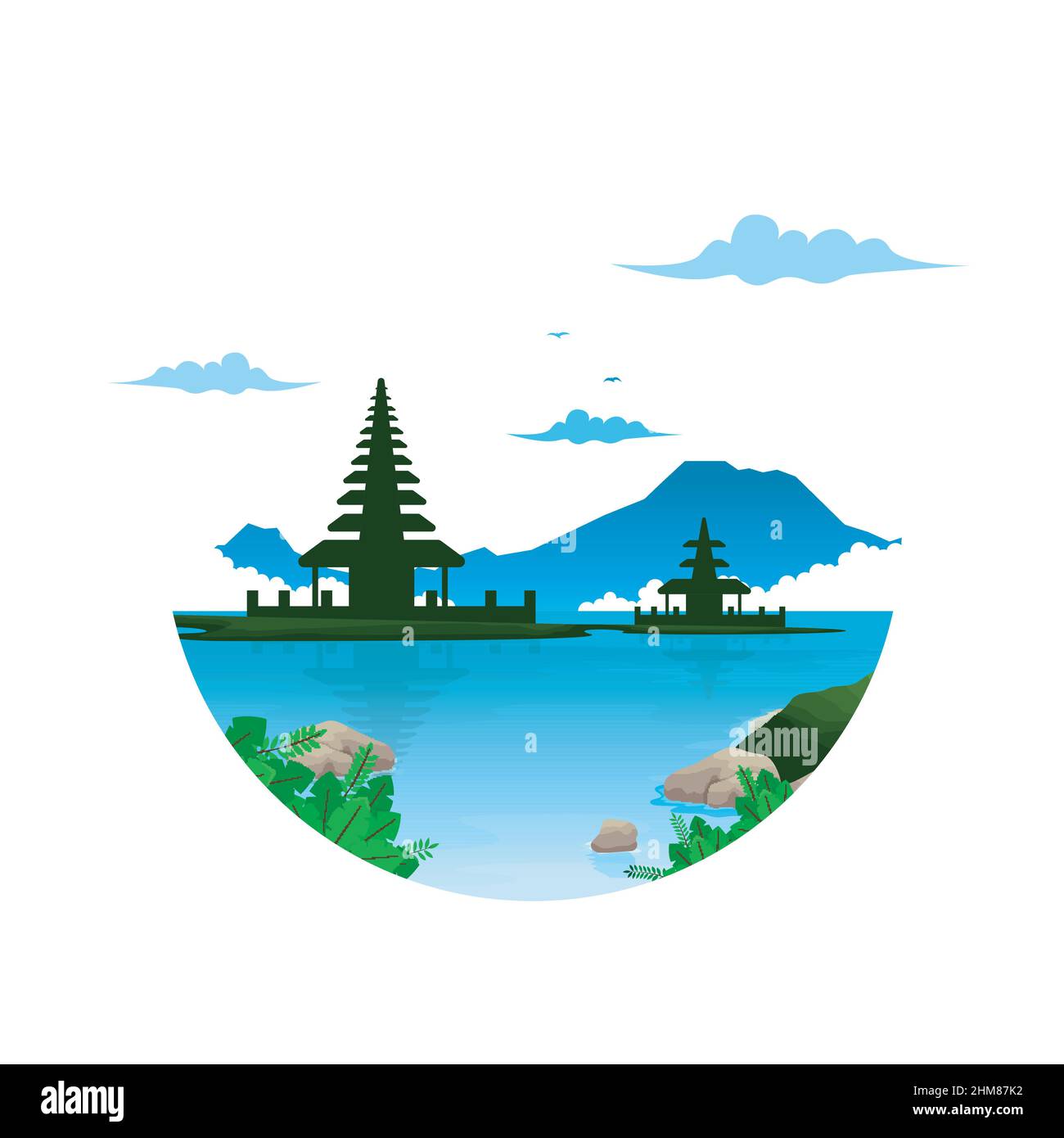 Bella isola Beratan Lago di Bedugul Bali Paesaggio Circle View Illustrazione Illustrazione Vettoriale