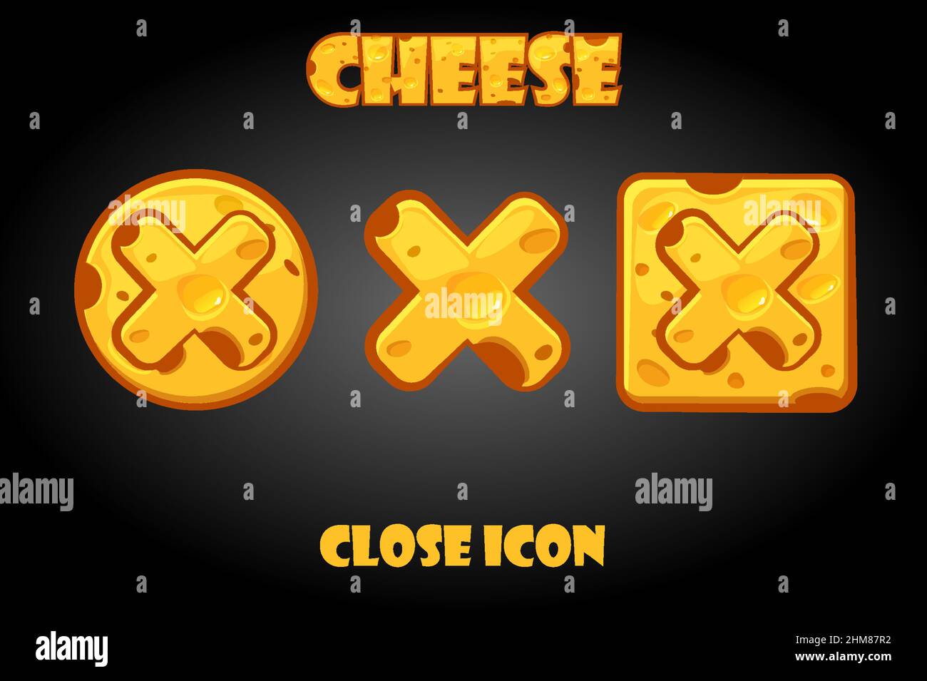 Set vettoriale di pulsanti cheesy vicino per il gioco. Illustrazione Vettoriale