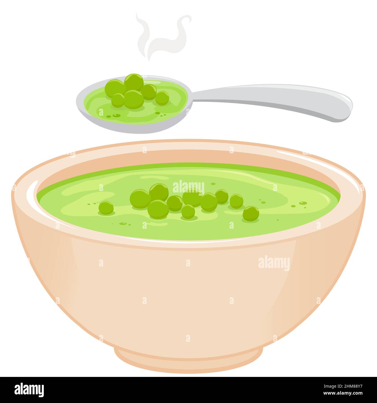 Ciotola di zuppa di piselli e cucchiaio. Foto Stock