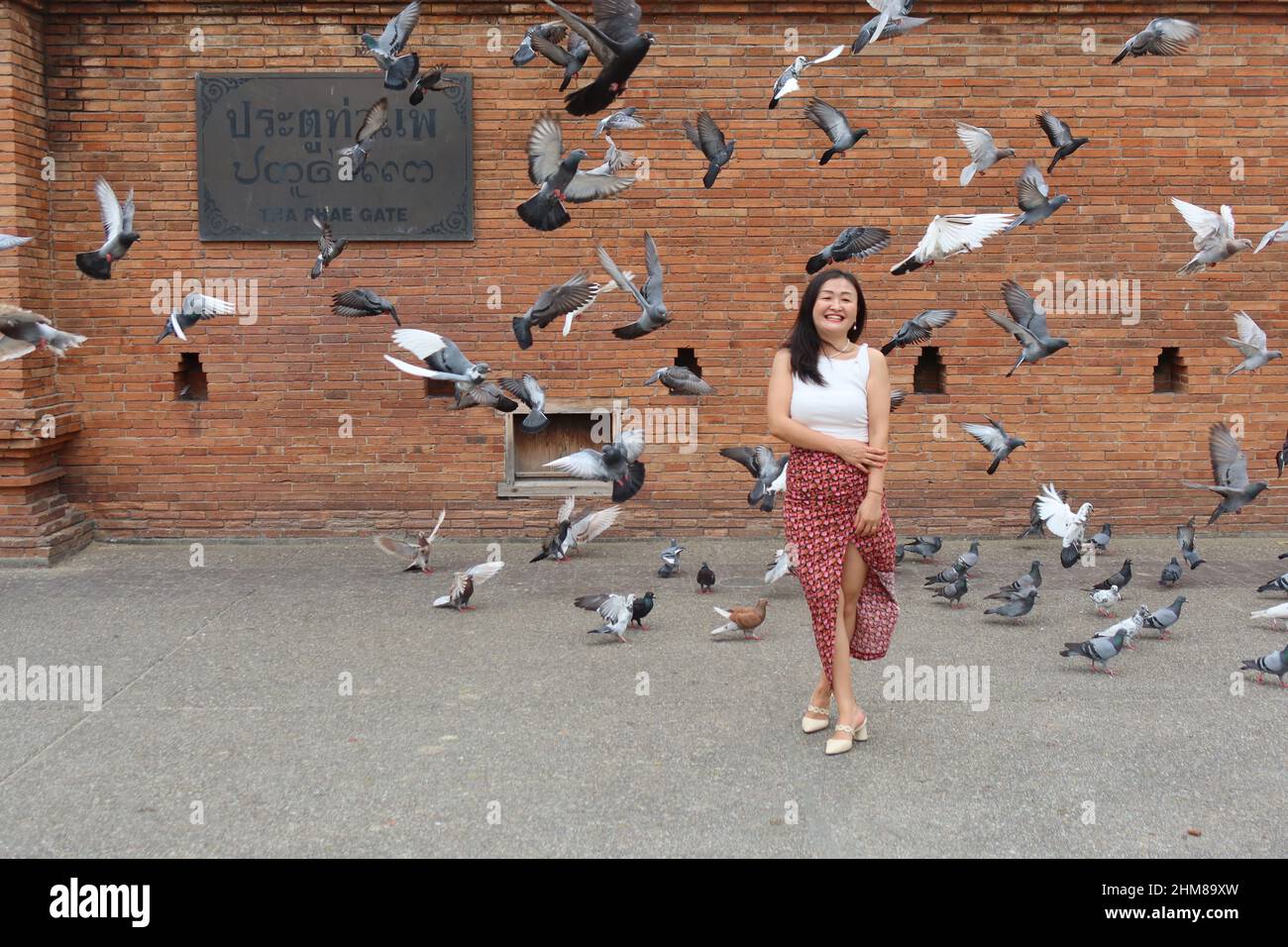 Donna thailandese che cammina e sorride con piccioni che volano di fronte alla porta di Tha Phae, Chiang mai, Thailandia Foto Stock