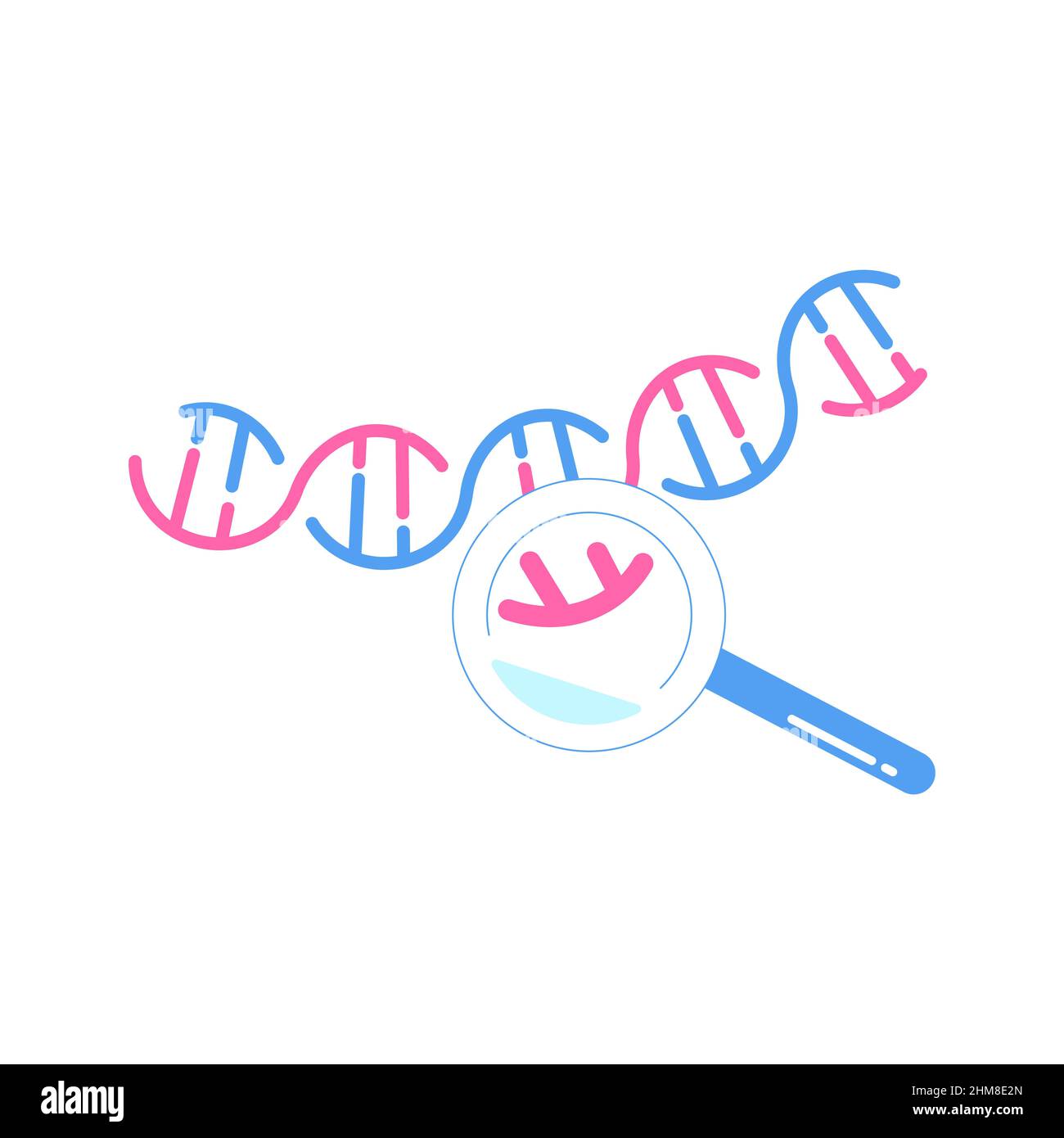 Simbolo del DNA ingrandito sotto una lente di ingrandimento. Scienza, chimica ed esplorazione Foto Stock