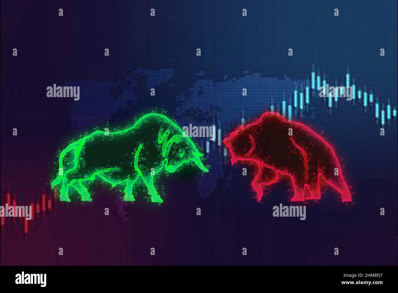 Illustrazione del vettore a reticolo a basso contenuto di poli della Borsa. Grafica digitale. Immagine artistica della tecnologia del mondo o del mercato azionario. Toro e orso con frecce. Fin Foto Stock