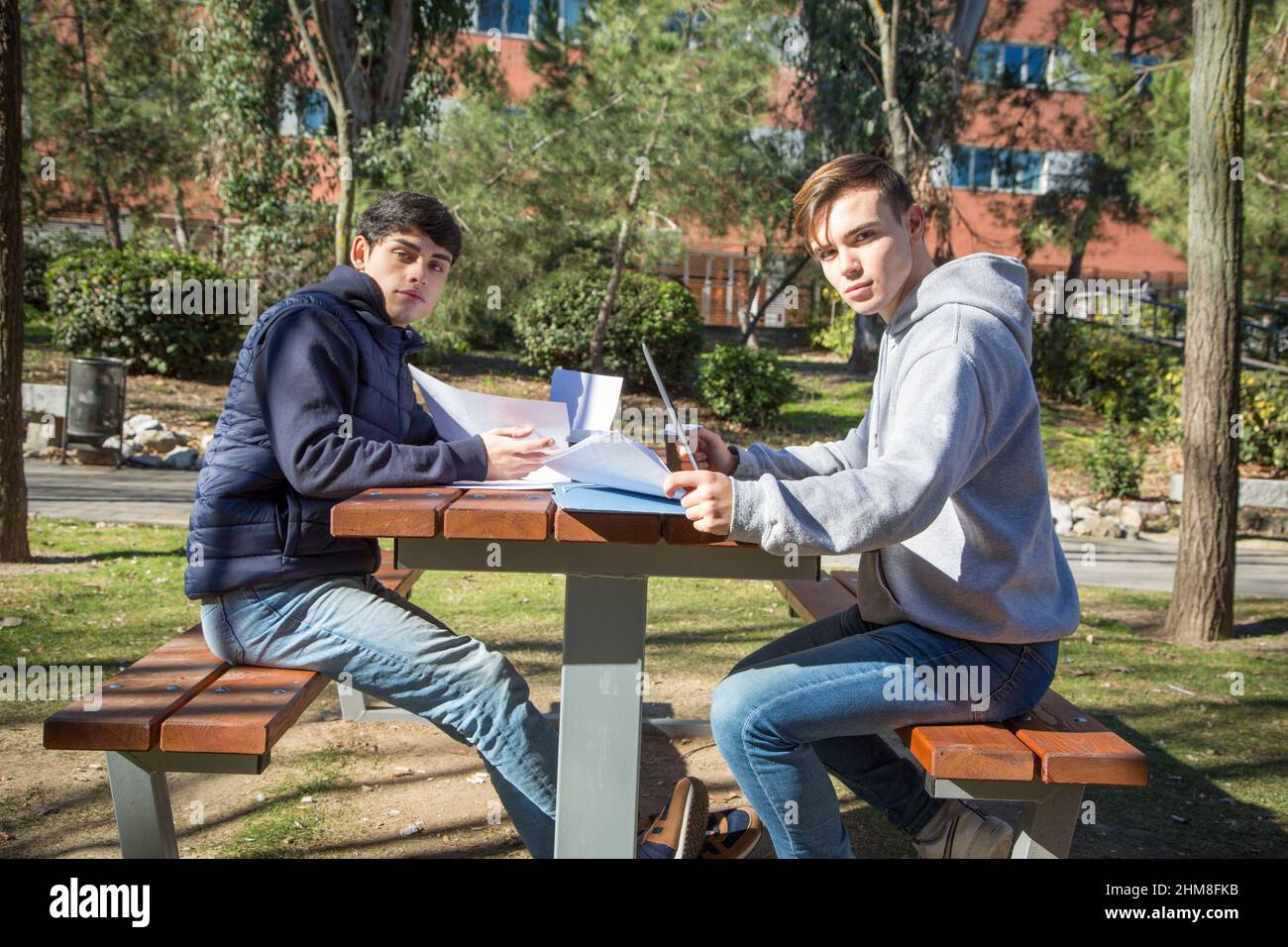 Due giovani studenti universitari che studiano in un giardino universitario con un computer portatile e documenti che guardano la macchina fotografica. Foto Stock