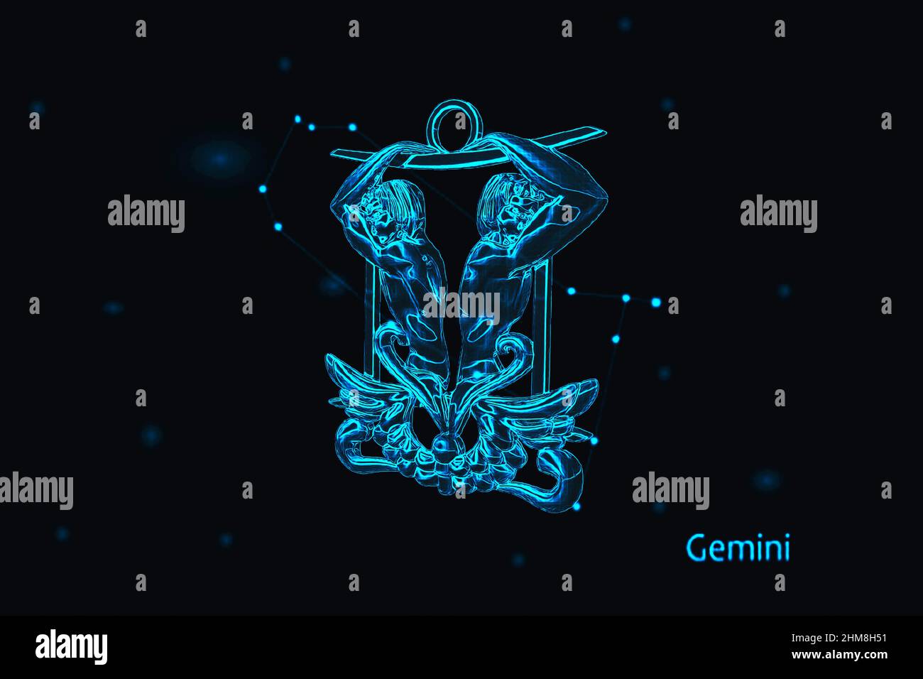 3D rendering del segno zodiacale Gemini. Astratto cielo notturno sfondo Foto Stock